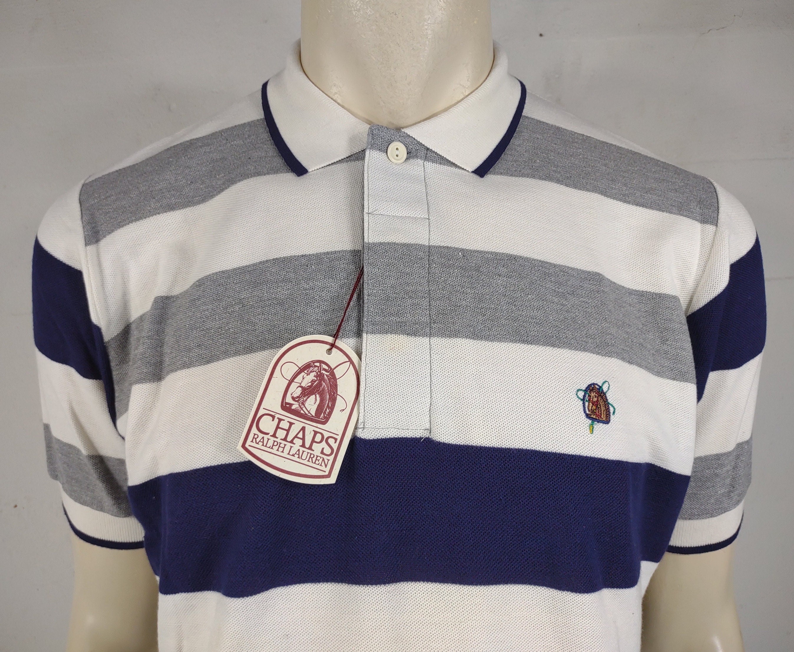 NWT Chaps Ralph Lauren White Gray Blue Striped Polo Shirt NWT Chaps Ralph Lauren White Gray Blue Striped Polo Shirt