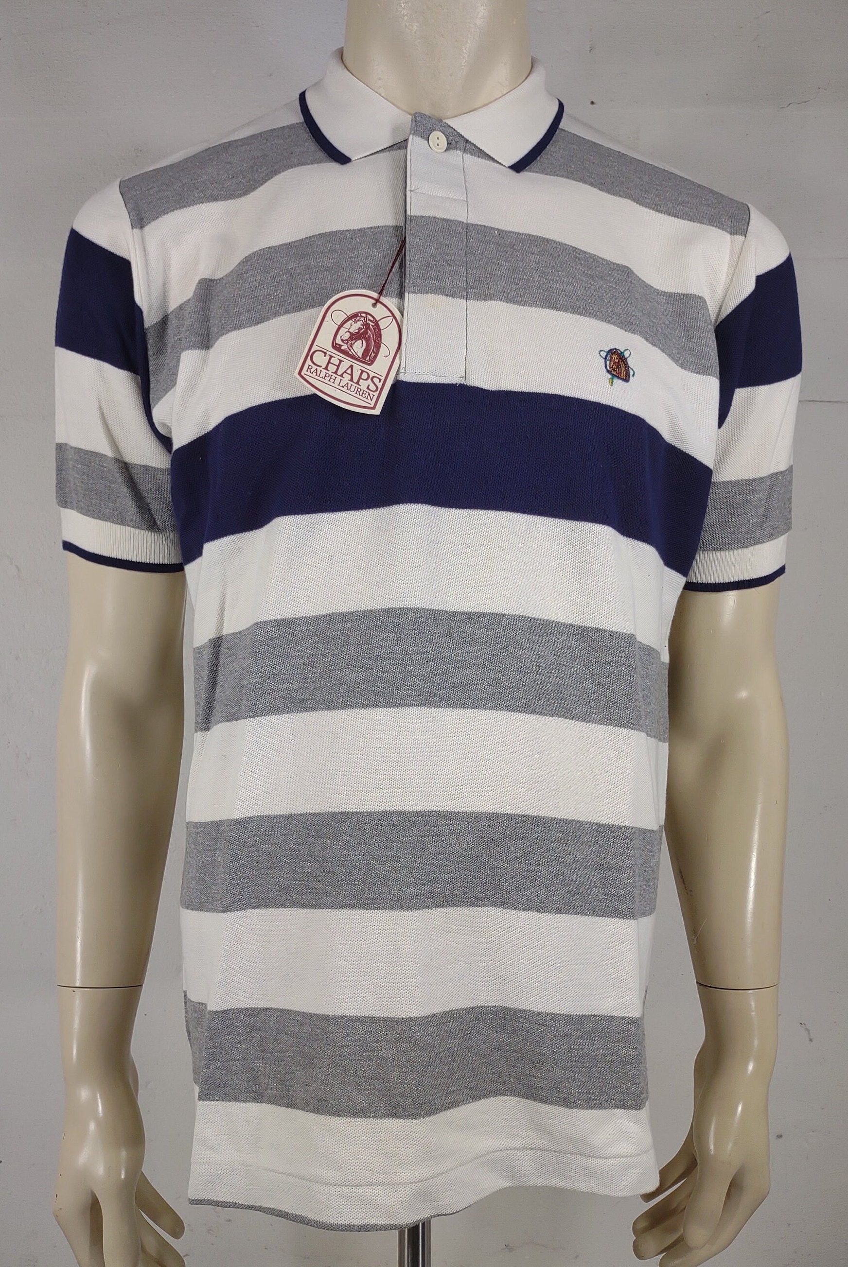 NWT Chaps Ralph Lauren White Gray Blue Striped Polo Shirt NWT Chaps Ralph Lauren White Gray Blue Striped Polo Shirt