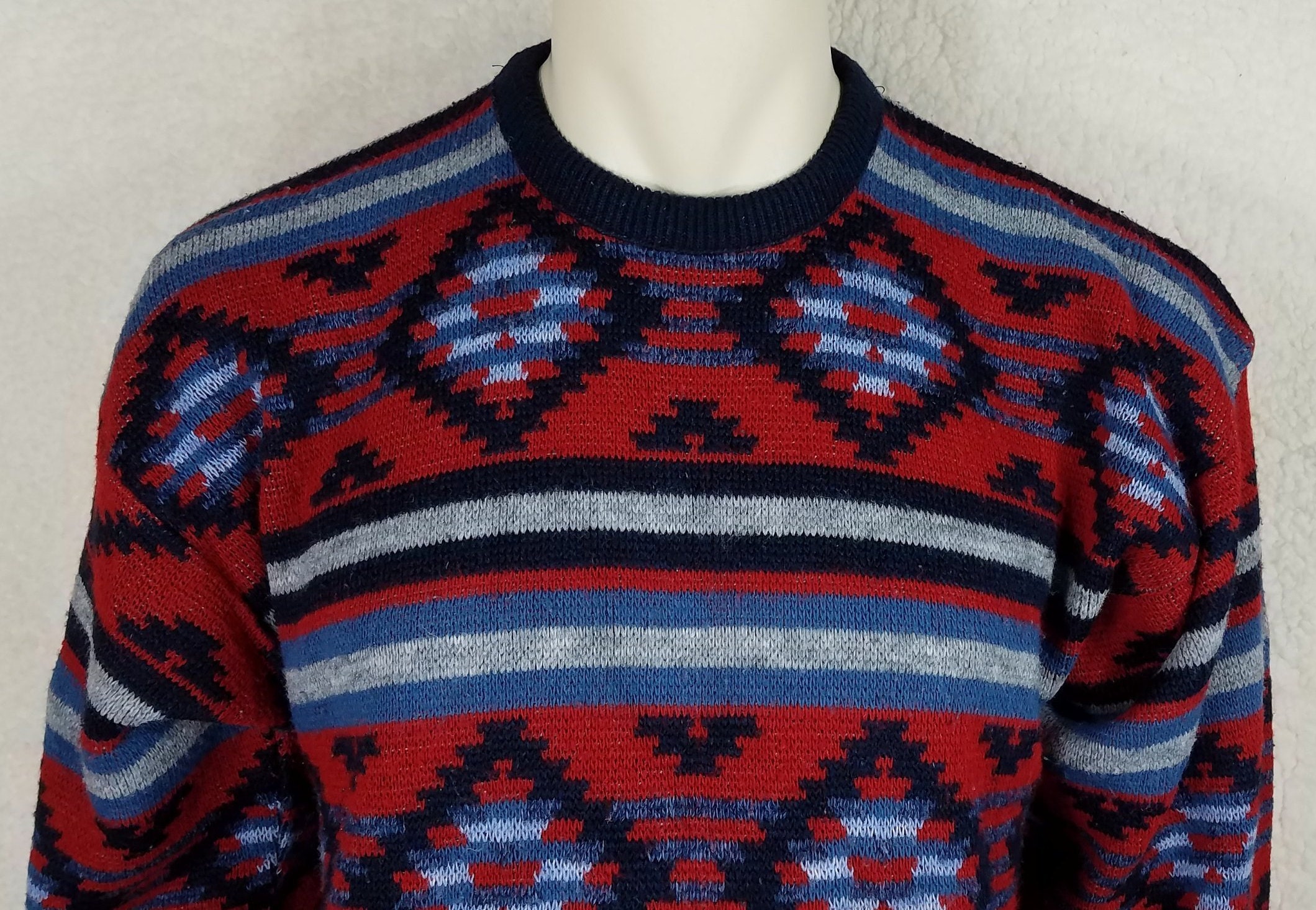 Jantzen red blue Aztec striped crew neck pullover sweater mens | Etsy