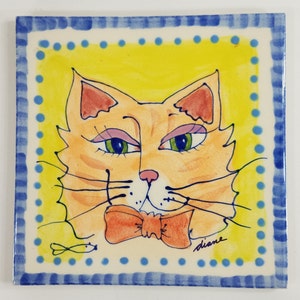 Diane Artware hand painted cat 6 x 6 inch ceramic tile trivet Vintage 2001