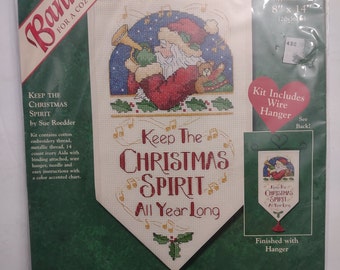 NIP Dimensions Keep the Christmas Spirit counted cross stitch banner w/ hanger