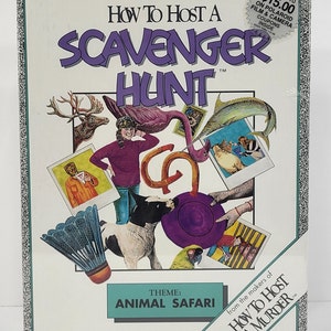 May include: A colorful book cover with the title "How to Host a Scavenger Hunt" in purple letters. The theme is "Animal Safari". The cover features a variety of animal images, including a flamingo, a fish, a deer, a dog, and a parrot.