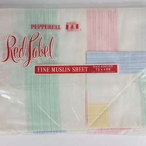 NIP Pepperell Red Label white pink blue yellow pastel Fine Muslin flat sheet 72 x 108 in