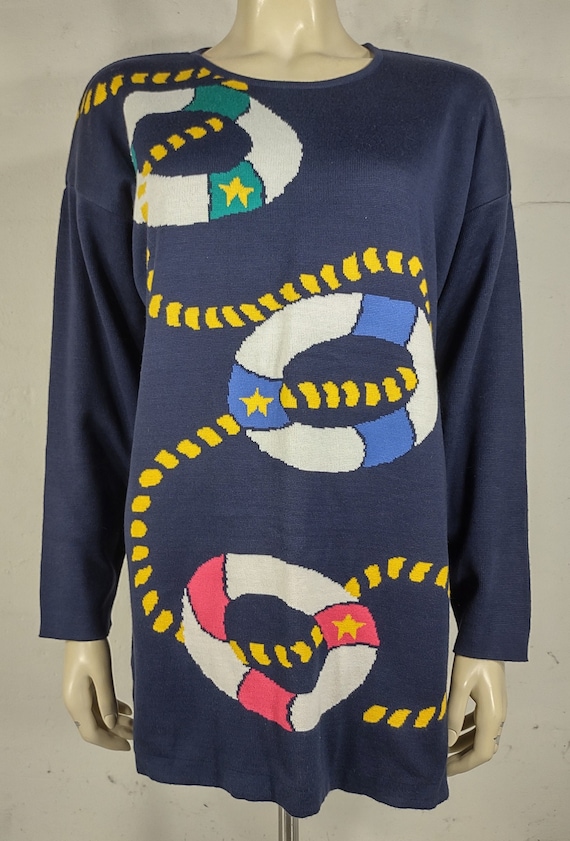NWT Talbots Blue Nautical Buoys Rope Print Tunic Sweater Womens Large  Petite 