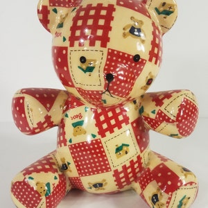 Red patchwork glazed fabric ceramic teddy bear 7 inch coin bank Rare