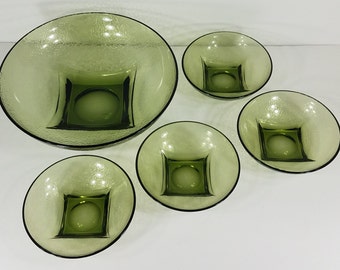 5 Vintage Hazel Atlas Bowls Avocado Green Square Bottom Bowls 1 Large 4 Small