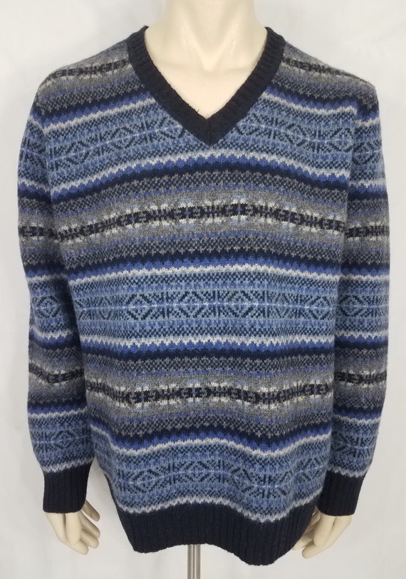 L.L. Bean blue striped 100% Shetland Wool V-Neck … - image 1