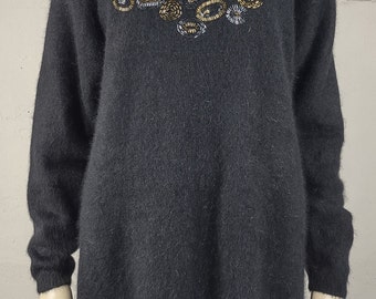 NWT Vintage Rafaella black angora lambswool blend beaded tunic sweater Medium