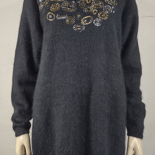 NWT Vintage Rafaella black angora lambswool blend beaded tunic sweater Medium