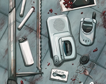 May include: A collection of objects on a gray tiled floor with red splatters. The objects include a saw, a lighter, a cassette player, a cassette tape, a cell phone, a key chain with a key and a fob, a ring, and a sign that says "GAME OVER".