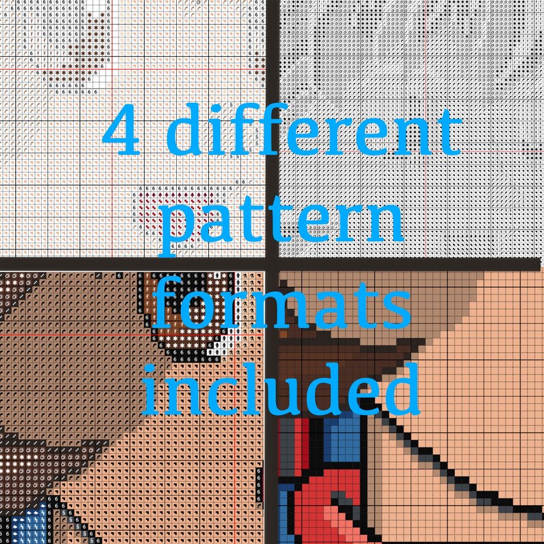 May include: A close-up of a cross-stitch pattern with the text "4 different pattern formats included".