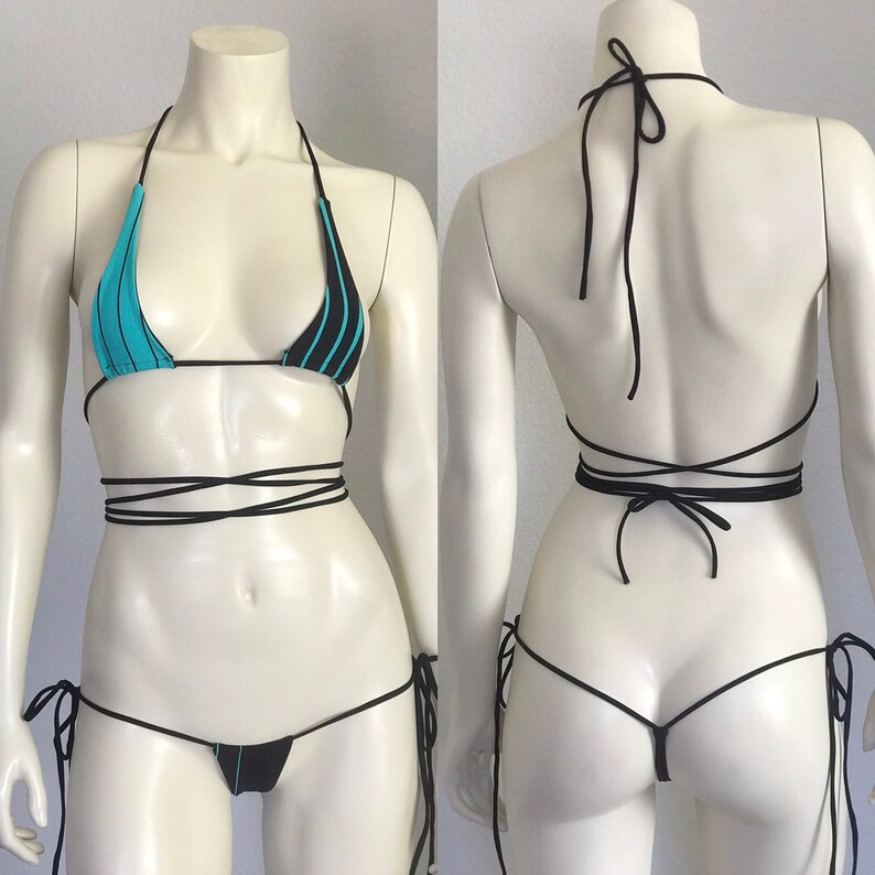 Teal and black micro mini exotic bikini