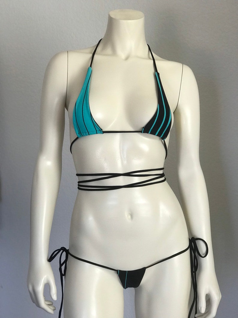 Teal and black micro mini exotic bikini