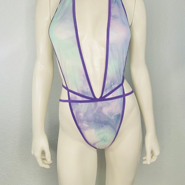 Mesh one piece Monokini. See-through purple color