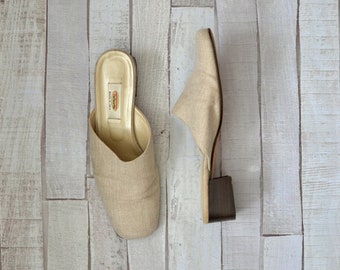 talbots taupe woven linen canvas square toe block heel slides made in italy . 90s vintage . 8.5 m
