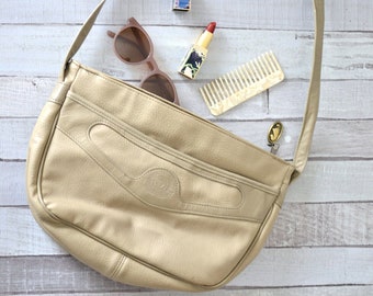 stone mountain taupe leather cross-body purse . 80s vintage .