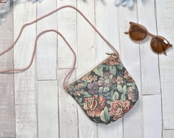 mini floral woven tapestry crossbody bag with dusty pink strap . 70s vintage
