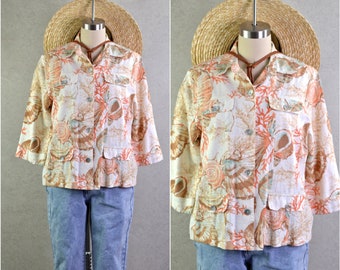 seashell coral print cotton button down 3/4 sleeve jacket . y2k vintage . s/m