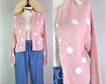 lizsport sweetest pastel pink & white polka dot design pure cotton knitted scallop edge button down cardigan sweater . sz m/l . 90s vintage
