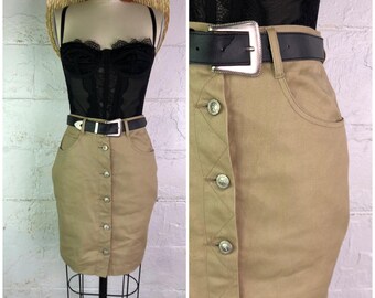true blue tan belted textured cotton denim-like high rise knee length pencil skirt with pockets . 26" waist . 90s vintage