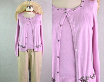 first issue lavender pink connected cardigan shell sweater set with burgundy posey embroidery . size s . y2k vintage