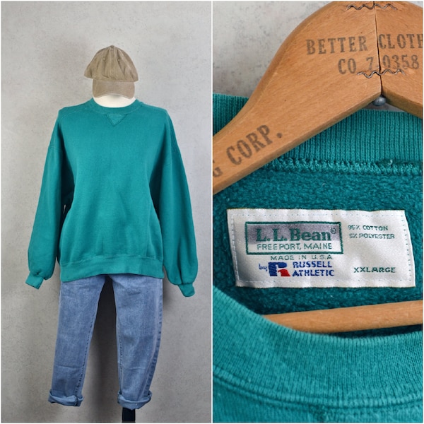 l.l. bean x russell athletic teal green cotton poly pullover sweatshirt made in usa . 90s vintage . xl / xxl