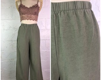 hot cotton olive green micro woven elastic waist pull on cropped wide leg casual pants . size large . 90s vintage