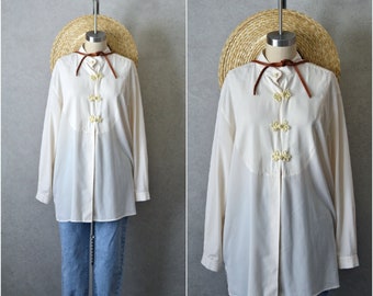 satiny ivory rope frog toggle button mandarin collar tunic blouse . 90s vintage . s/m