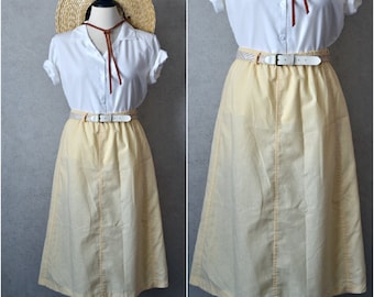 cade cod pale yellow breezy woven hemp belt elastic waist a line midi skirt . 90s vintage . 34-42" waist