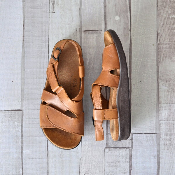 cognac brown leather sas strappy comfort sandals . 80s vintage . 6M