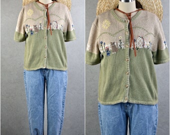 kitty cat spring garden picket fence embroidered short sleeve cardigan . 90s vintage . s/m