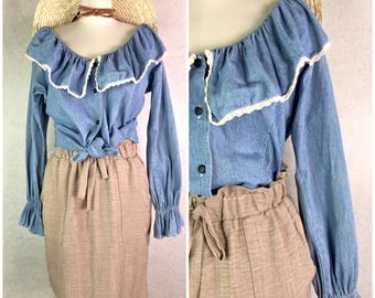at last light denim pure cotton crochet trim ruffle collar long poet sleeve button down blouse . size s/m . 90s vintage