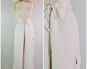 st. john's bay ecru pure linen high rise elastic drawstring waist trouser pants with cargo pocket . size m . 90s vintage