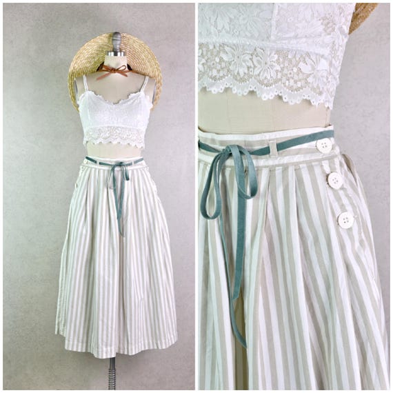 Perry Ellis, perry ellis levi strauss pure cotton khaki and white striped high rise a line side button midi skirt with pockets . 80s vintage . 26" waist