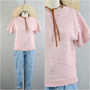 dusty pink chunky cable knit short sleeve sweater . 80s vintage . s/m