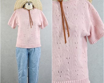 dusty pink chunky cable knit short sleeve sweater . 80s vintage . s/m