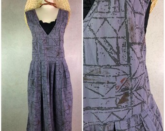 in-wear dusty purple gray abstract print cotton a-line pinafore dress with pockets . size xs/s . 80s vintage