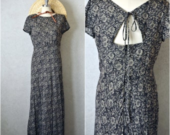 laundry black ecru floral rayon cutout tie back long dress  . 90s vintage . s/10