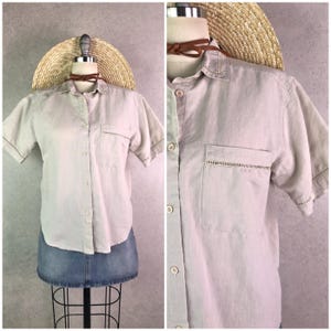 gitano natural ramie cotton beige micro embroidered short sleeve button down collared blouse . size s/xs . 90s vintage