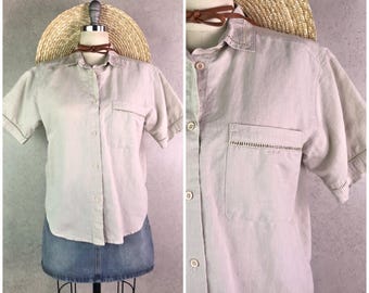 gitano natural ramie cotton beige micro embroidered short sleeve button down collared blouse . size s/xs . 90s vintage
