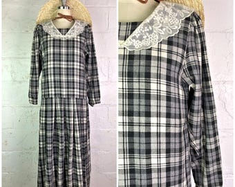 laura ashley great britain wool cotton blend black and white tartan plaid pleaded dress with lace collar . size small . 90s vintage