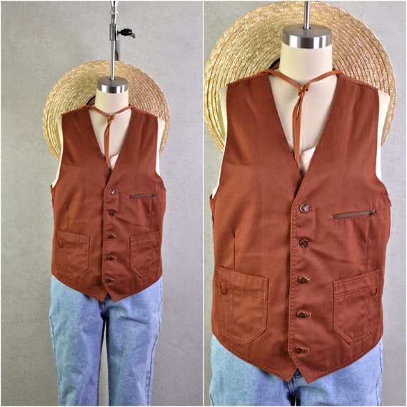 rust canvas button down utility vest . 70s vintage