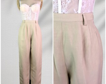 jacqueline ferrar italian linen rayon tan high rise elastic waist tapered leg trouser pants with pockets . 28" waist . 90s vintage