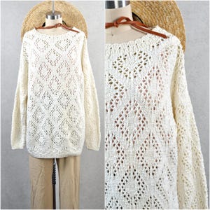 ivory soft cotton crochet open knit scallop crew neck slouchy pullover tunic sweater made in u.s.a. . s/m . 90s vintage