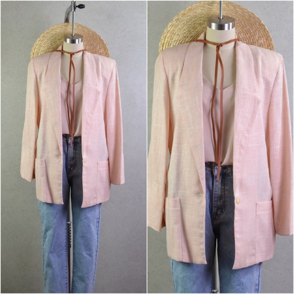 coral pink nubby woven single button boyfriend blazer with pockets . 80s vintage . s/m