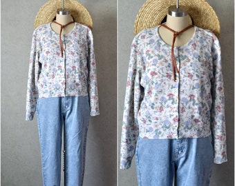 botanical flower garden jersey knit button down cardigan . 90s vintage . s/m