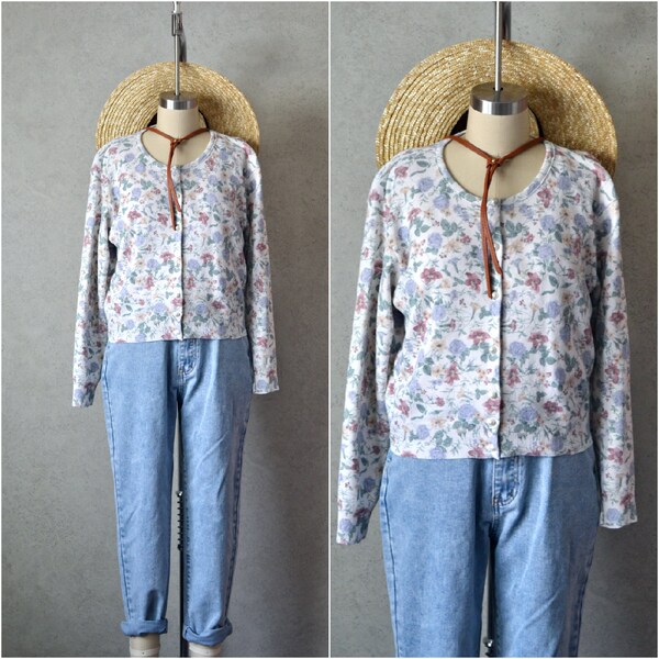 botanical flower garden jersey knit button down cardigan . 90s vintage . s/m