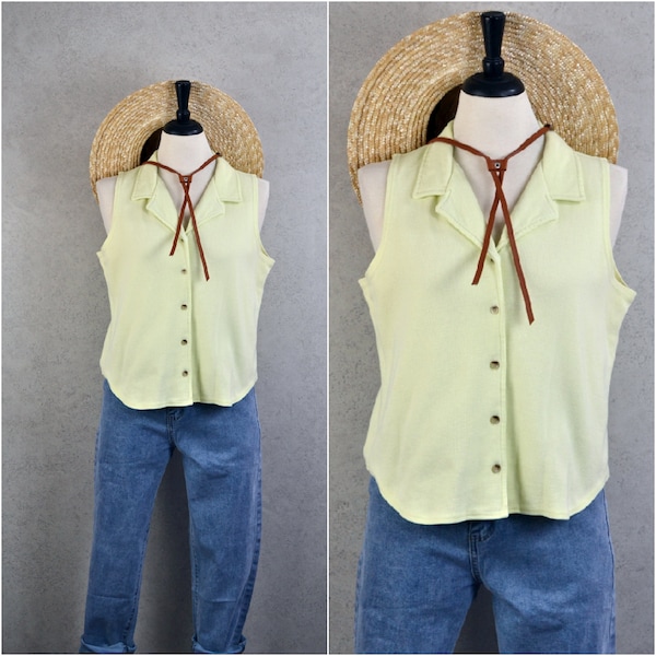 pastel neon lemon lime micro waffle knit cotton button down collared sleeveless top . y2k vintage . l