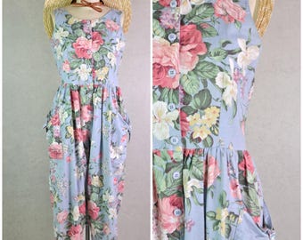 carol anderson petites cotton blue pink shabby cottage floral sleeveless cropped pant jumpsuit with pockets . size xs/s . 80s vintage