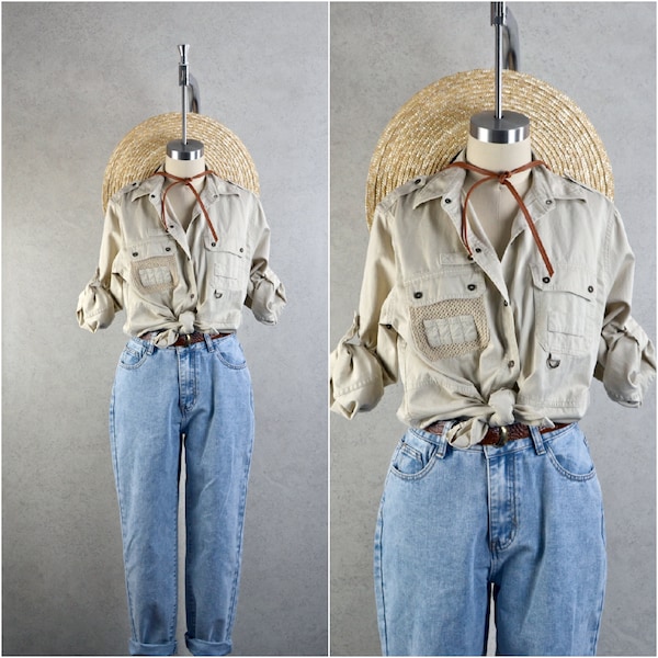 lauren khaki cotton utility fishing mesh pocket roll sleeve snap button oxford . 90s vintage . s